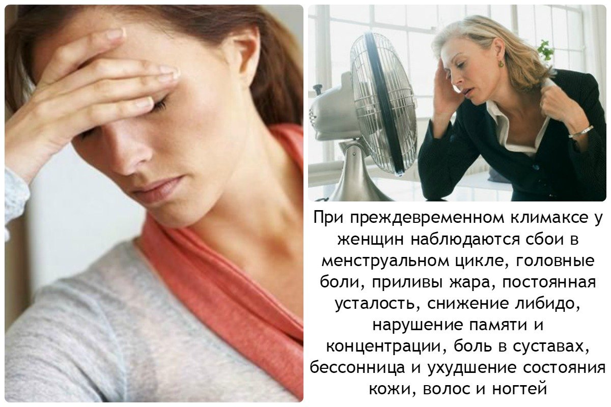 при преждевременном климаксе у женщин наблюдаются сбои в менструальном цикле, головные боли, приливы жара, постоянная усталость, снижение либидо, нарушение памяти и концентрации, боль в суставах, бессонница, ухудшение состояния кожи, волос и ногтей