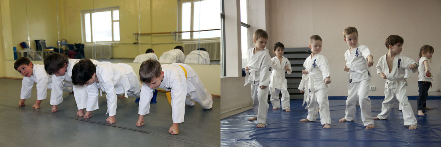 Дети-каратисты отжимаются и занимаются босиком