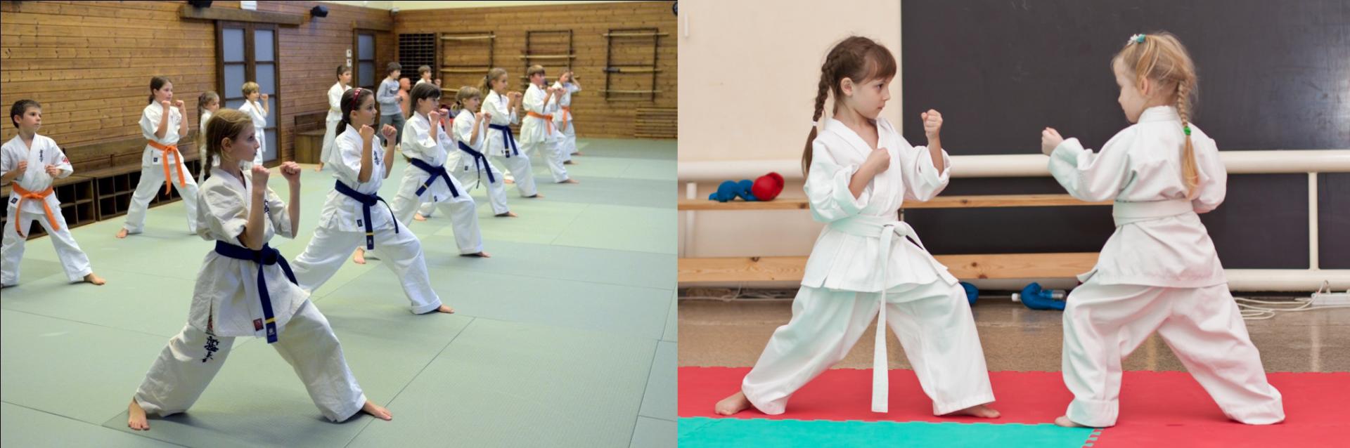 Девочки и мальчики вместе на тренировке, поединок между двумя девочками (кумите)