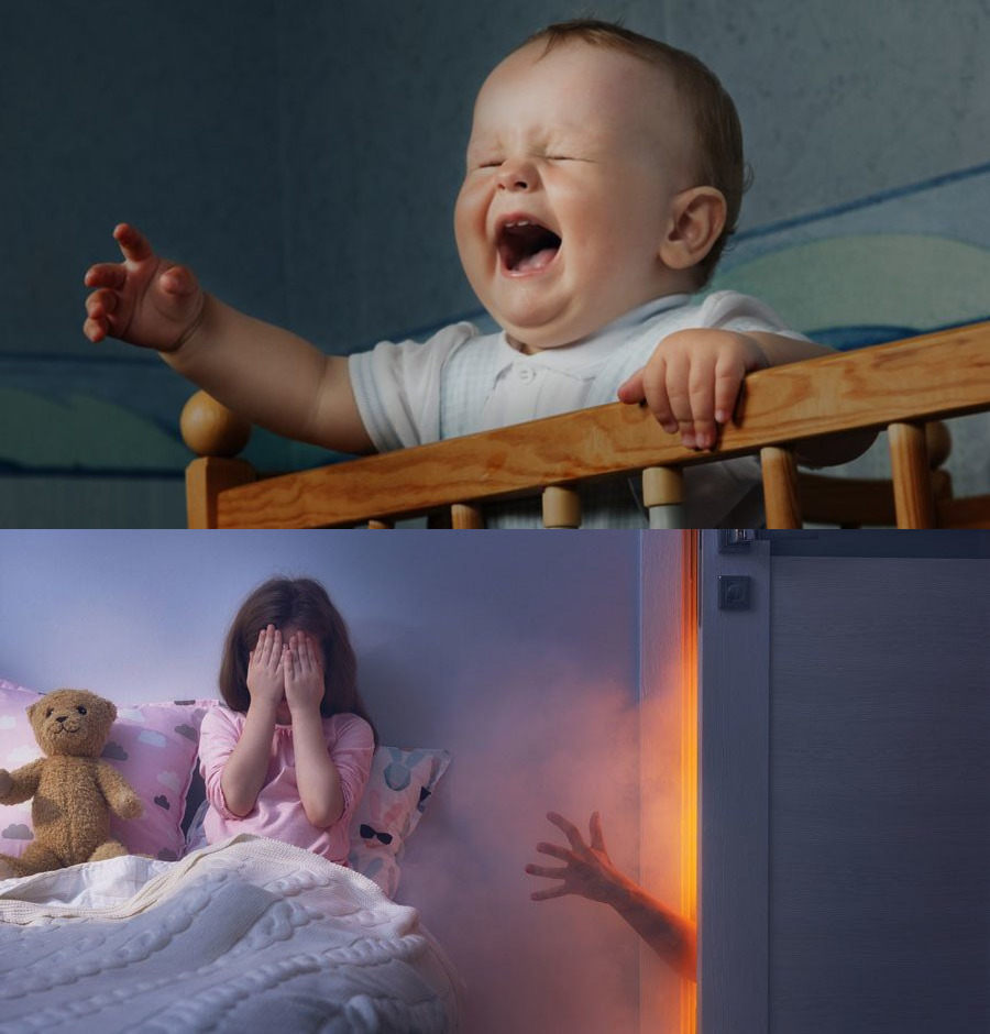 Грудной ребёнок ночью стоит в кровати и плачет; девочка лет пяти сидит в кровати, закрыв лицо руками, из-за двери к ней тянется рука