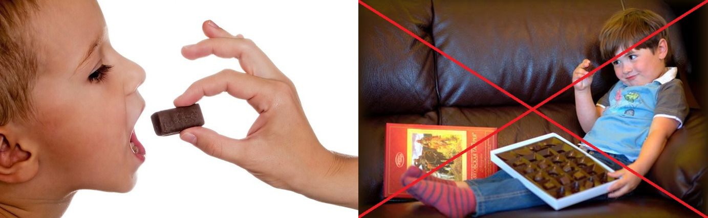 Ребёнку дают одну конфету, мальчик сидит на диване с коробкой конфет в руках