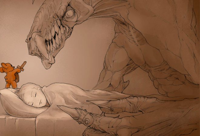 На спящего ребёнка нападает монстр, с ним сражается плюшевая мышка