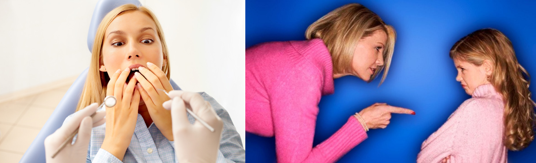 Женщина пугается стоматологических инструментов и закрывает рот; мать отчитывает дочку