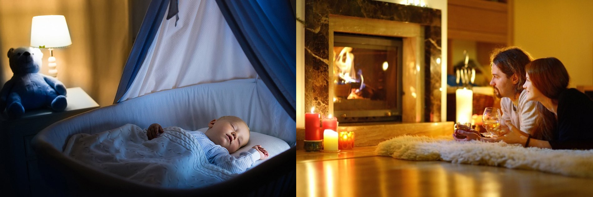 Младенец спит в кроватке; муж и жена лежат у камина с бокалами