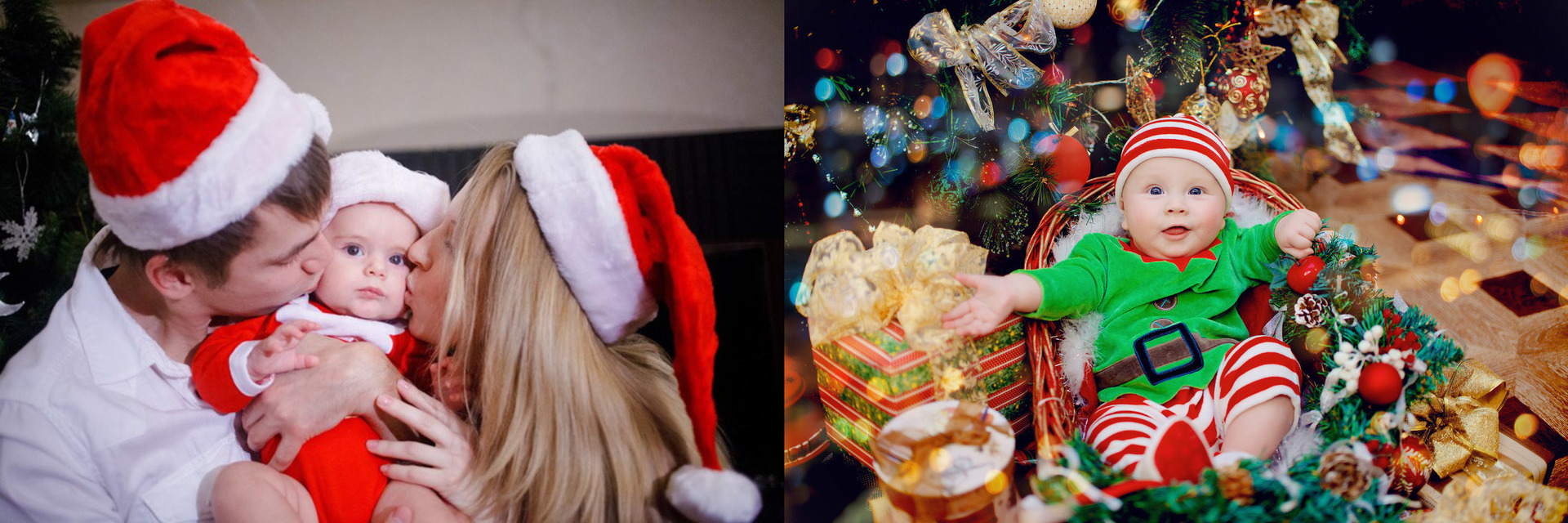 Семейная новогодняя фотография — мама, папа и младенец; грудничок в корзинке