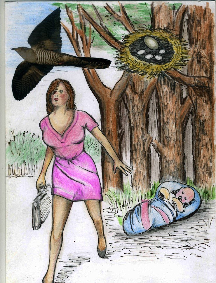 Мать уходит от своего младенца, рядом изображена кукушка, покидающая своё гнездо с яйцами