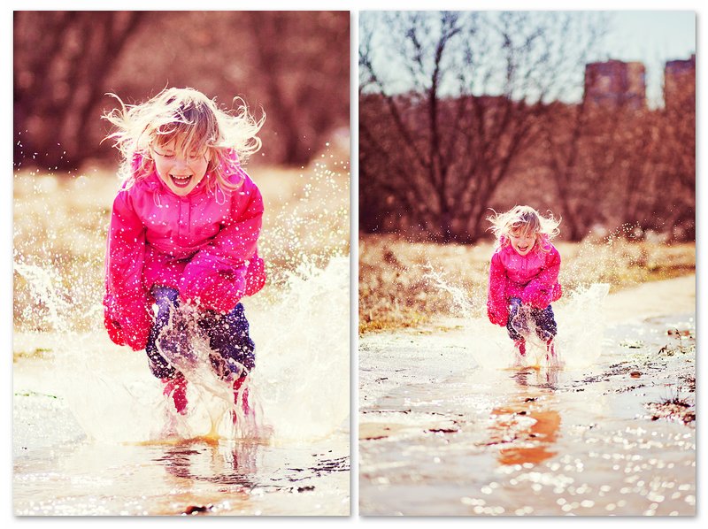 Ребёнок прыгает в луже