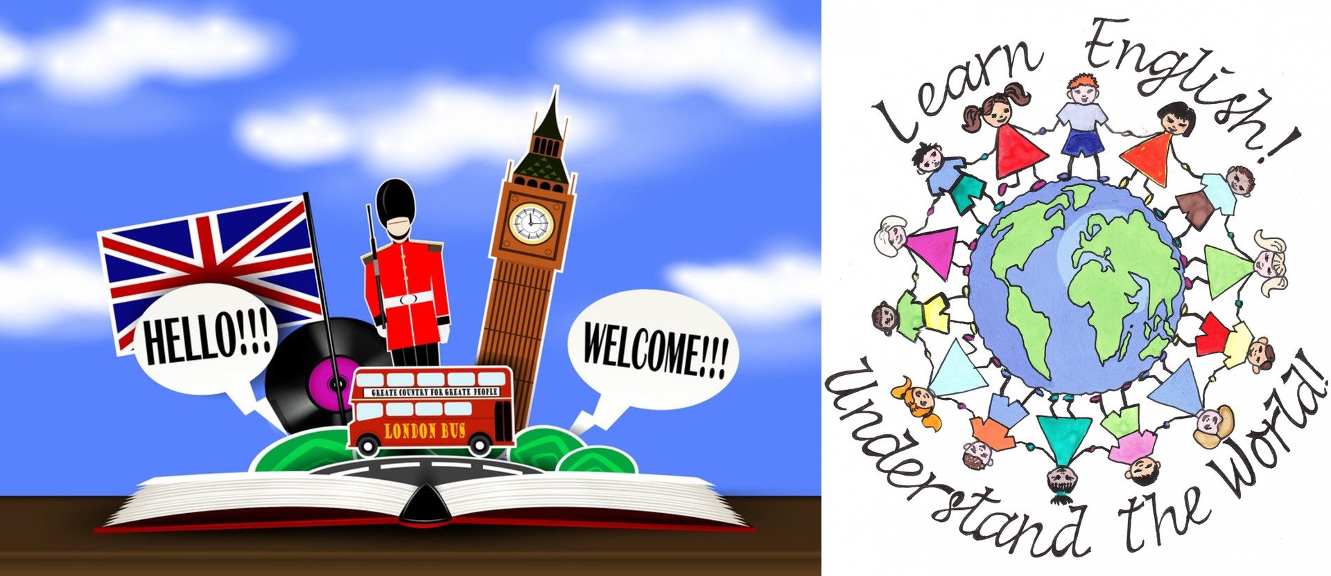 Символы Великобритании; люди разных национальностей стоят по окружности земного шара, держась за руки