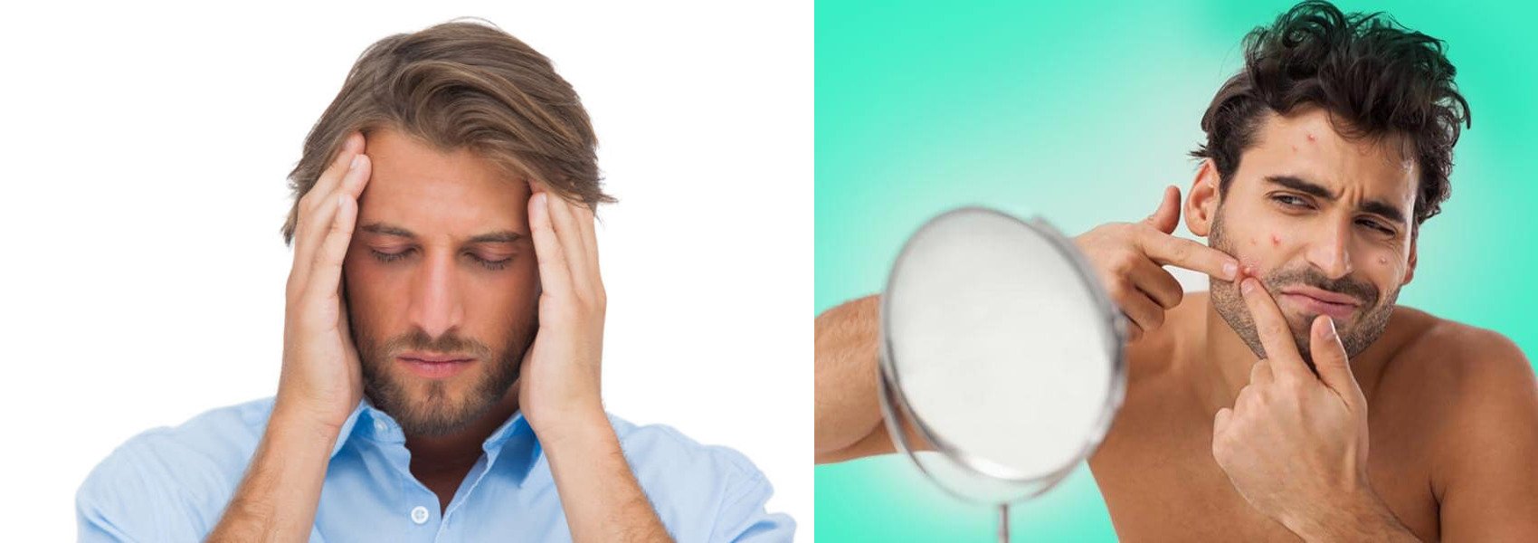 Мужчина держится за голову; мужчина смотрит в зеркало и выдавливает прыщ