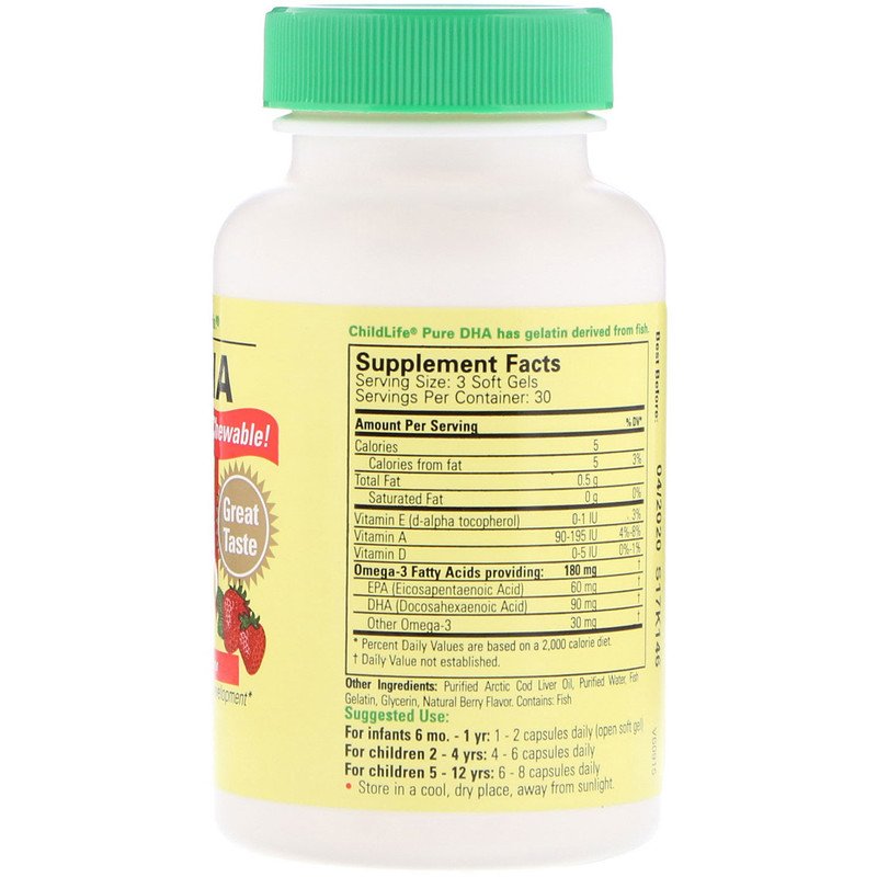 Состав препарата ChildLife Pure DHA Natural Berry-Flavor 90 Chewable Soft Gel Caps