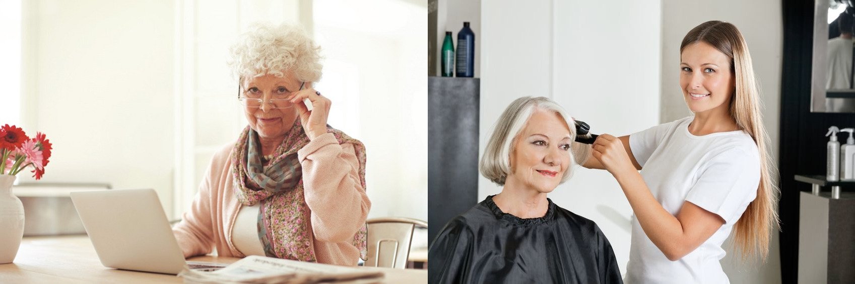 Пожилая женщина в офисе сидит за ноутбуком, у парикмахера