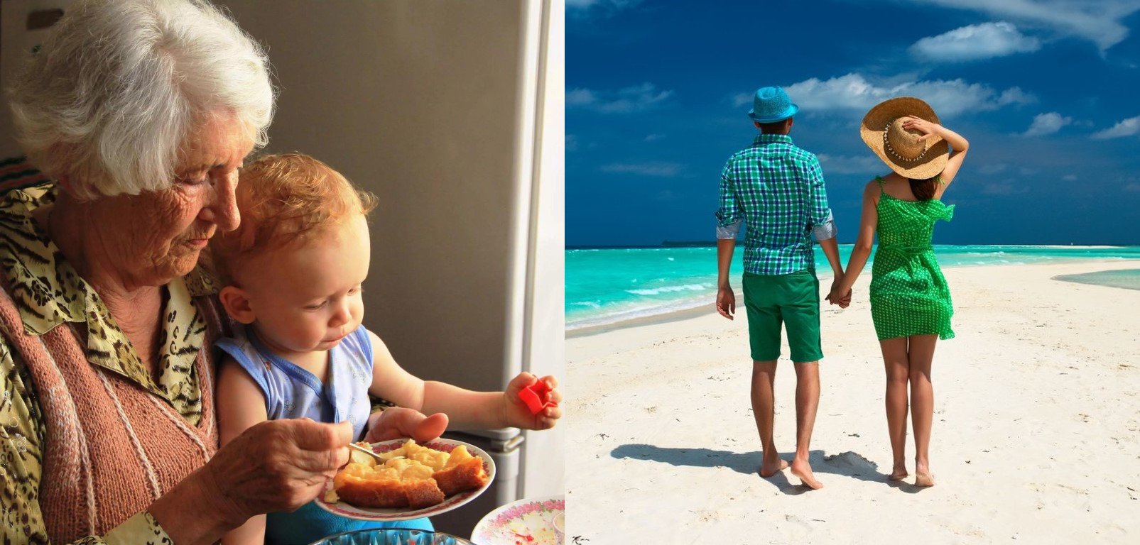 Бабушка кормит маленького ребёнка, молодая пара на морском побережье