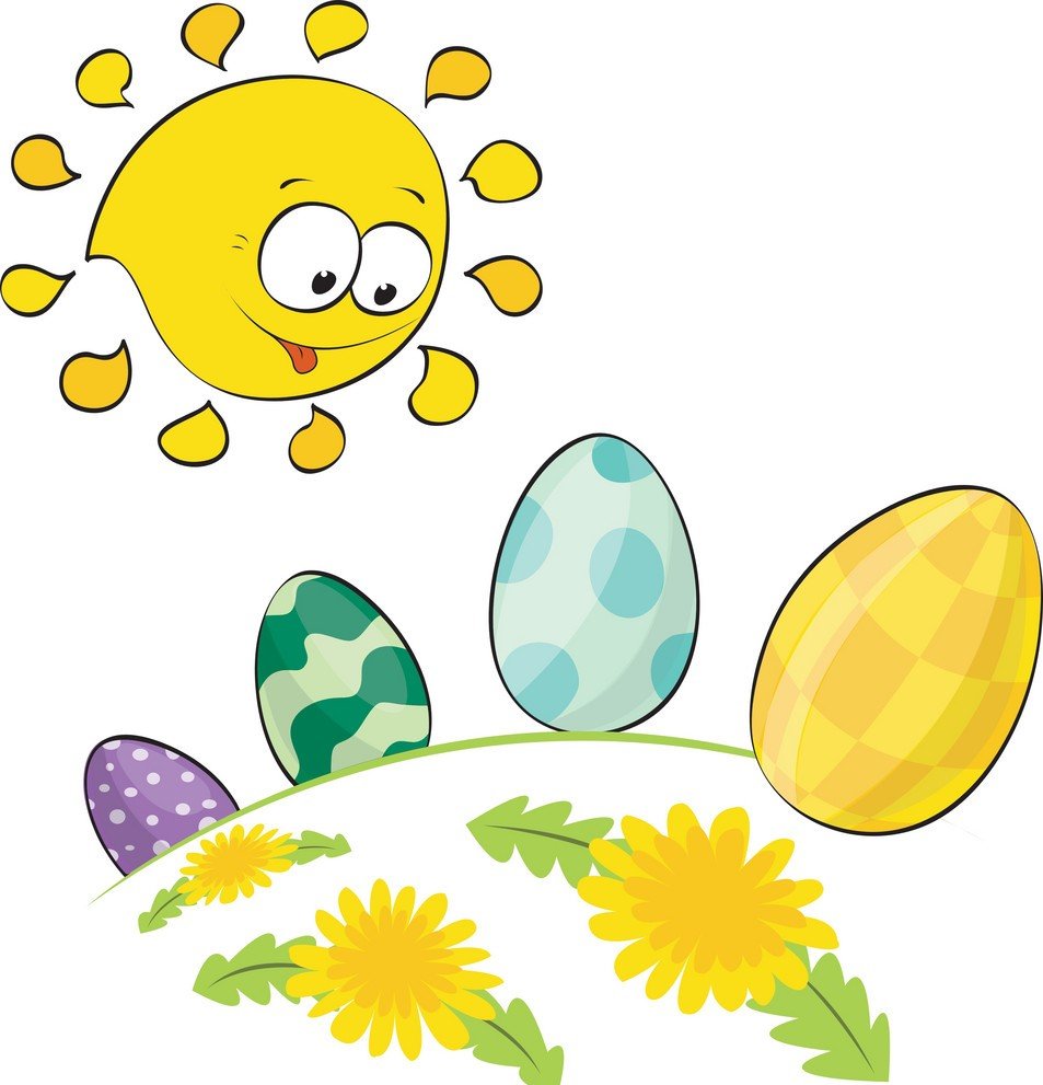Солнце смотрит на расписные пасхальные яйца и улыбается