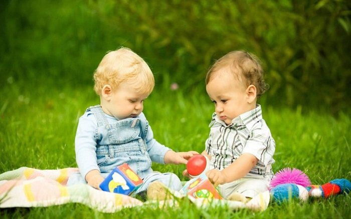 Маленькие дети сидят с игрушками на одеяле на природе