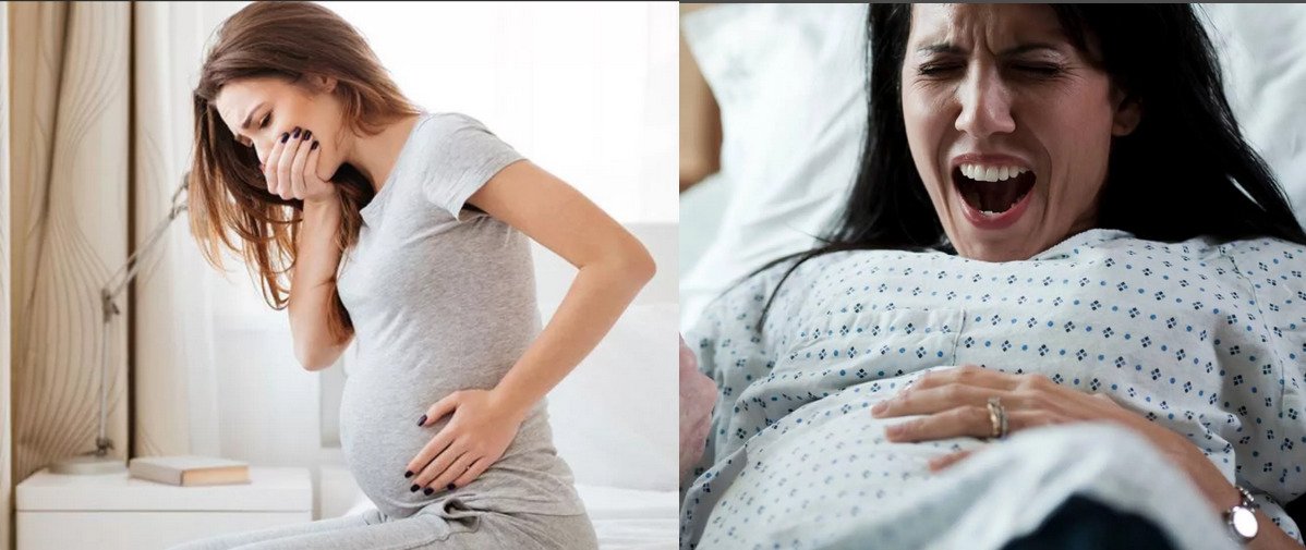 Беременную тошнит, она прикрывает рот рукой; женщина кричит во время родов