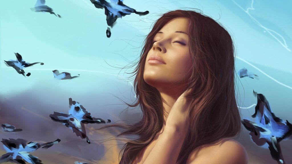 Женщина закрывает глаза и что-то представляет, рядом порхают бабочки