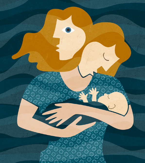 Мама с грудным ребёнком на руках с двумя лицами