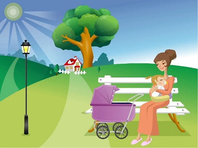Мама с ребёнком и коляской сидит на лавочке