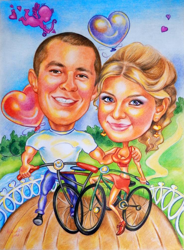 Картина-шарж с изображением мужчины и женщины на велосипедах
