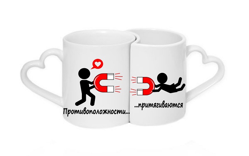 Парные кружки с изображением мужчины и женщины и притягивающихся магнитов